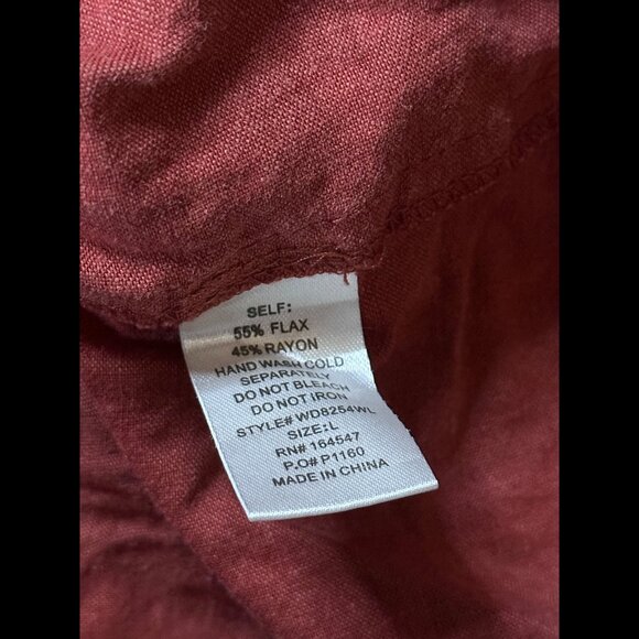 Flawless Mini Dress Large Womens Red Flax Linen Shoulder Tie Beaded Trim Smocked - Picture 6 of 6